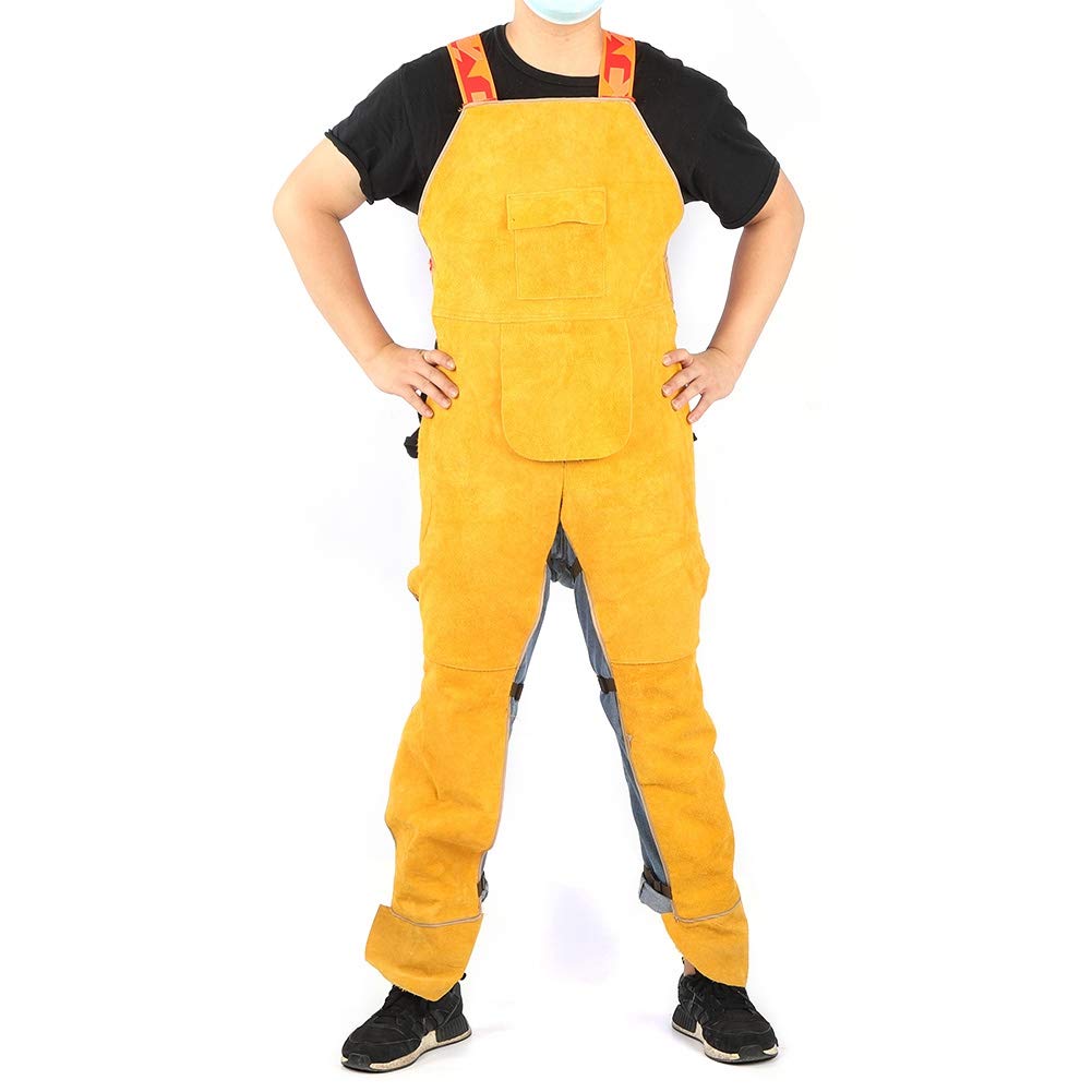 Tuta lavoro ignifuga con gambe divise per una vestibilità como durante i lavori di saldatura, realizzata in resistente pelle bovina, giallo, 1 pezzo