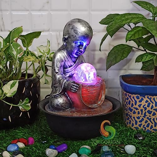 Image of Decorative Table Top Water Fountain for Home Decor /Office /Indoor & Outdoor /Garden /Puja Room /Vaastu with Multicolor LED Light and Adjustable Water Pump (Silver-D-029)