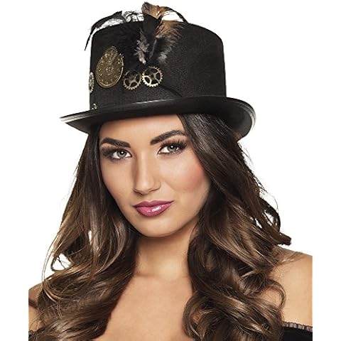 shoperama Schwarzer Steampunk Zylinder mit Federn und Zahnrädern Gr. 58 Hut Damen Herren Cover