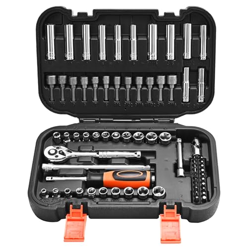 Image of VEVOR Socket Set, 70 Pieces, 1 /4 inch Drive Socket and Ratchet Set, SAE and Metric, Deep and Shallow, Mechanic Tool Kit with Bits, Accessories and Storage Case, CR-V Alloy Steel, for Automotive Repair