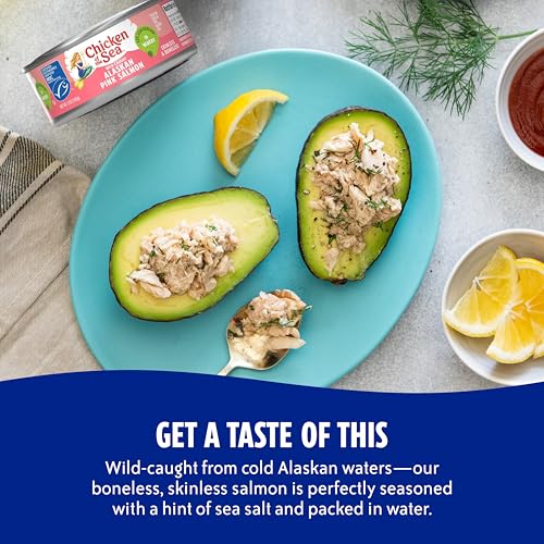 Image of Chicken of the Sea Alaskan Pink Canned Salmon in Water with 25% Less Sodium, 5oz Cans, 12-Count - High Protein Skinless, Boneless Wild Caught Salmon - Delicious Wild Salmon for Burgers, Pasta, More