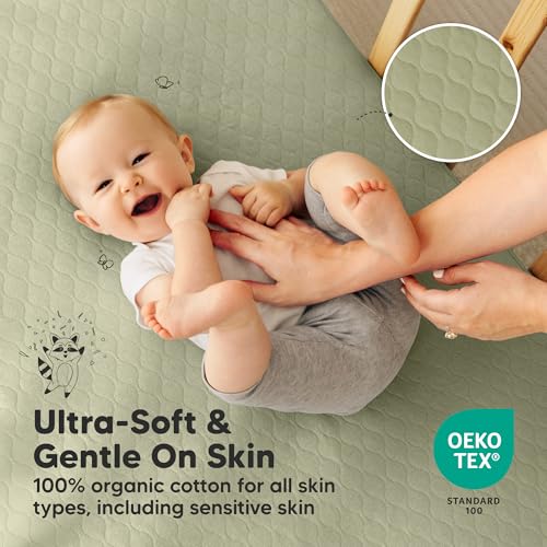 Image of 2-Pack Waterproof Crib Mattress Protector Cover Fitted - Quiet Baby Crib Mattress Pad Sheets, 52 inch x 28 inch Soft Quilted Cotton Baby Sheet, Machine Washable, Easy Fit, Durable (Avocado /Mavy)