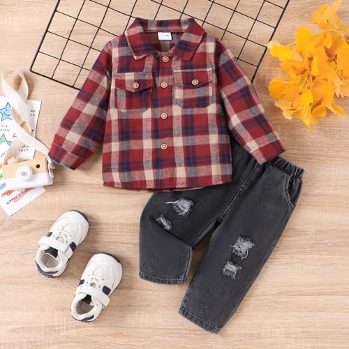 Toddler Baby Boy Clothes Winter Outfits Button Down Plaid Shirt + Pocket Jean Pants Set 12 Months - 5 Years Old2
