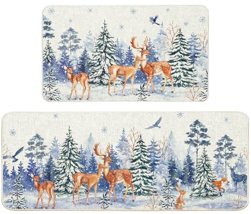 Baccessor Winter Forest Deer Kitchen Mats Set of 2, Trees Snow Winter Kitchen Rugs for Floor Non Slip Absorbent Winter Holiday Farmhouse Home Decor 17x29 and 17x47 Inch