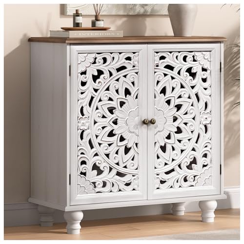 Image of Accent Cabinet with Doors, Decorative Storage Cabinet with Adjustable Shelf, Carved Sideboard Buffet with Solid Wood Legs for Living Room, Entryway, Kitchen, Hallway, White