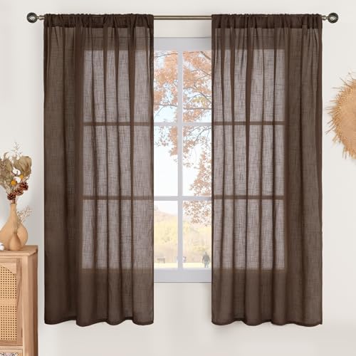 Image of BGment Brown Linen Curtains 63 Inches Long for Bedroom Windows, Sheer Drapes Lightweight Rustic Country Textured for Farmhouse Living Room Decor Rod Pocket, 2 Panels Set, Each 42 Inch Wide