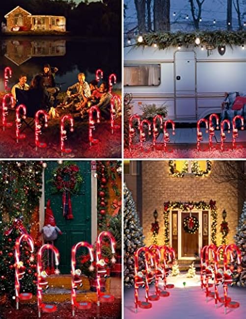 Solar Christmas Decorations Candy Cane Lights, Solar Xmas Pathway Markers Lights, Outdoor Decor Stake with Snowflowers & Santa, Constant & Flash Modes 8 LED Lights for Garden Patio Yard Lawn, 2 Pieces