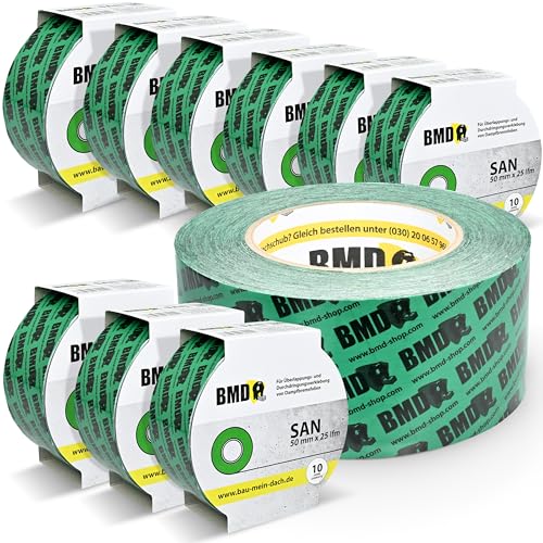 BMD san Klebeband | 10 Rollen | 50mm x 25m | für Dampfsperren & Dampfbremsen |gemäß DIN EN 4108 Teil 11 und ENEV | Profi Qualität Made in Germany
