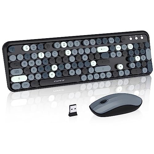 Image of jar-owl Wireless Keyboard Mouse Combo, Cute Retro Round Key, 2.4GHz Connection, Full-Size, 104 Keys, Grey Colorful, PC, Desktop, Laptop Compatible