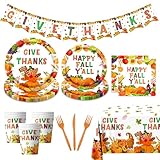 Turkey Party Supplies - 142 Pcs Disposable Plates, Napkins, Cups & Tablecloths for Fall Thanksgiving Party Decorations
