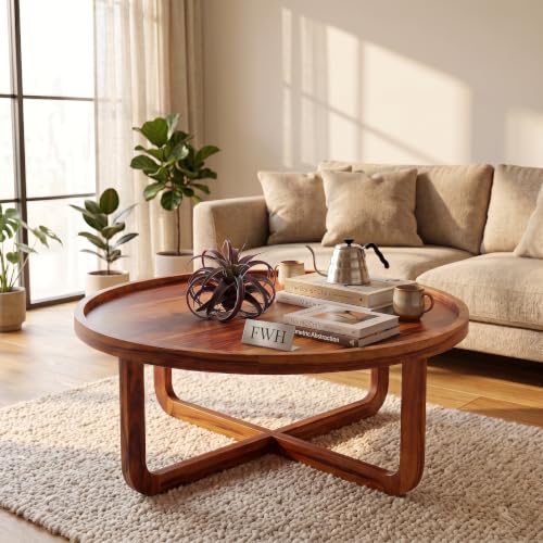 Image of Solid Wood Round Wheel Coffee Table, Wooden Center Table for Home & Office, Round Shape Coffee Table, 32x32x14.5 Inch, (Teak Finish)