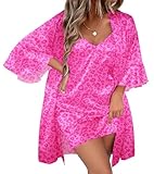 Ekouaer Women's Silk Robe Set V-neck 2 Piece Bridal Party Robes and Satin Bathrobe Set with Pockets (Hot Pink Leopard, Medium)