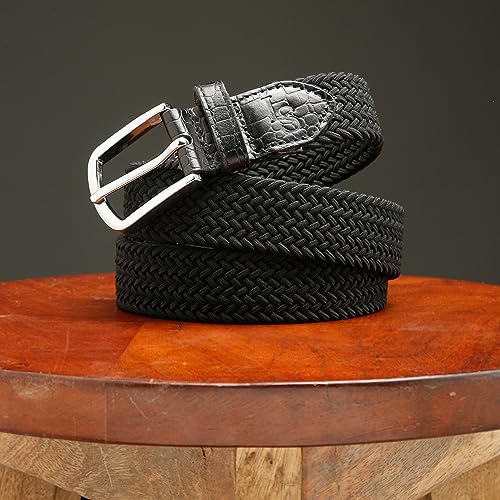 Image of LOUIS STITCH Men's Braided Elastic Stretch Belt with Leather Tipped End Stretchable Canvas Waist Band for Men Women Boys Girls Unisex (Width 3 cm) (BE-EL)