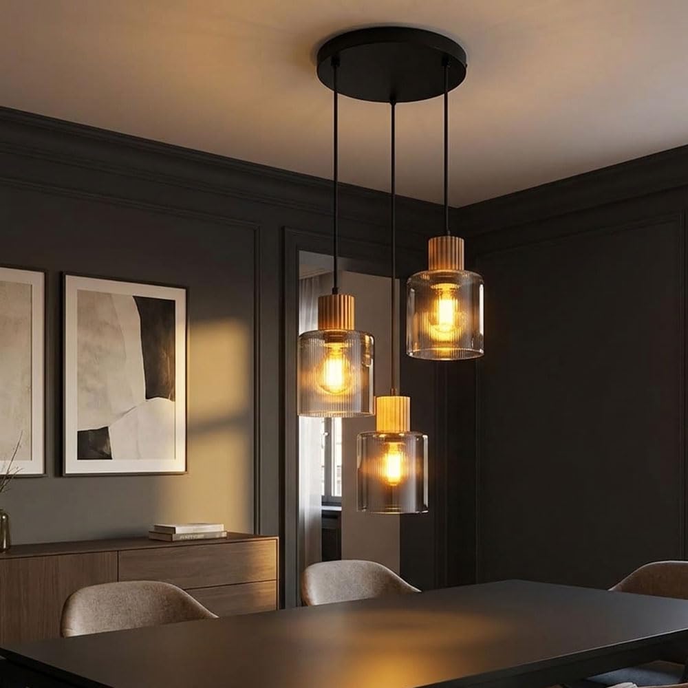 LED Pendelleuchte Hängelampe Esszimmerlampe 3-flammig Schwarz Holz H 120 cm
