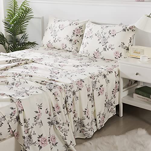 Image of FADFAY Floral Sheets Set Full Vintage Rose Floral Bedding Shabby Grey and Pink Peony Print Sheets Farmhouse Bedding 800 Thread Count 100% Egyptian Cotton Soft Deep Pocket Fitted Sheet 4Pcs, Full Size