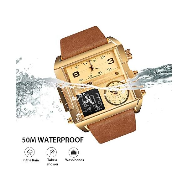 SKMEI Men's Digital Sports Watch, LED Square Large Face Analog Quartz Wrist Watch with Multi-Time Zone Waterproof Stopwatch, Golden brown, 2.17*2*0.59 inch, casual - Image 6