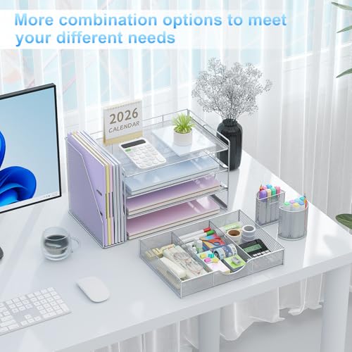 Image of gianotter Desk Organizers and Accessories with File Holder, 4-Tier Desk Accessories & Workspace Organizers with Drawer and 2 Pen Holder, Paper Organizer for Office Supplies (Grey)