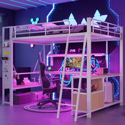 Idemon Cama alta de 140 x 200 cm, marco de hierro, con barra de luz LED, escritorio, espacio de almacenamiento, varios estantes, pared perforada, puerto USB, sin colchón, color blanco
