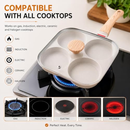Image of Non-Stick 4-Hole Frying Pan for Cooking | Heavy-Duty Iron Egg Frying Pan with Wooden Handle | Multi-Section Omelette & Pancake Maker | Non-Stick Breakfast Skillet for Kitchen (White)