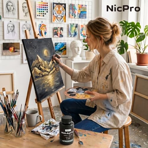 Image of Nicpro Metallic Black Acrylic Paint, 8.45oz /250ml Large Black Craft Paint | Pearlescent Non Toxic, Non Fading Paints for Metal, Wood, Clay, Fabric, Canvas, Ceramic, Furniture, Handcrafts Art Supplies