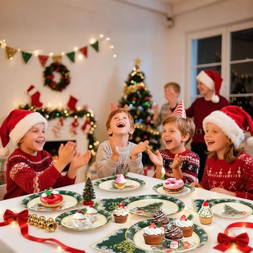 Christmas Paper Plates and Napkins for 50 Guests, 9’’ Disposable Plates, 7’’ Dessert Plates with Gold Xmas Tree Snowflakes, 200Pcs Christmas Party Supplies Tableware Set Winter Party Decorations – Image 6