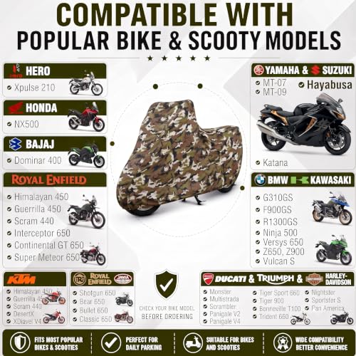 Image of Pivalo Heavy Duty Bike Body Cover for All Cruiser & Adventure Super Bike Above RE Size | 100% Waterproof, Dustproof & UV Protected | All Weather Protection Two Wheeler Motorcycle Cover (XXL, Military)