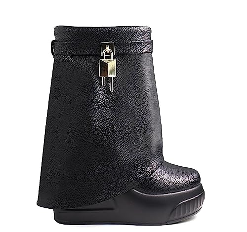 Women Round Toe Wedge Heel Fold Over Mid-calf Pull On Boots3