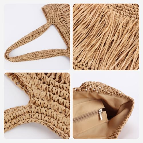 Bolso Tote playero de paja con flecos color marrón miniatura 5