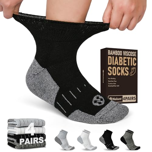 NOLUNT Diabetic Socks for Men,4 Pairs Non Binding Ankle Mens Diabetic Sock Size 9-12 10-13(White+Grey+Yellowish Cyan+Black-Large)