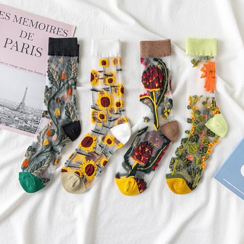 Image of RosyClouds Floral Jacquard Mesh Socks for Women, Summer See Through Sheer Elastic Crew Socks Flowers Crystal Glass Socks 6 Pairs