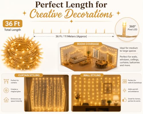 Image of Quace 36 Ft Warm White LED Pixel String Lights for Decoration, 360 Flexible Fairy Lights, Decorative Lights for Diwali, Christmas, Wedding, Bedroom, Balcony & Home Decor, Pack of 10