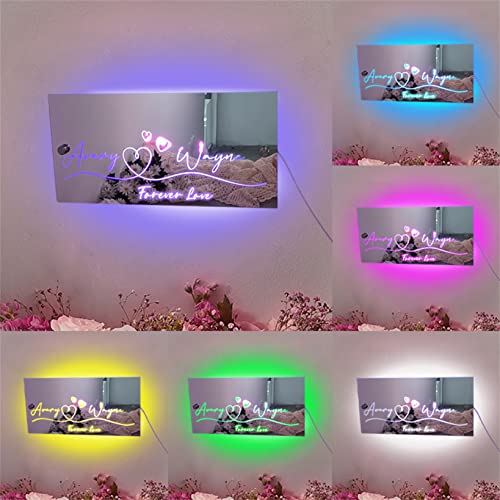 Personalized Couple Name Wall Mirror With LED Light for Living Room Bedroom - Valentine\'s Day Acrylic Lamp for Lover Girlfriend Wife (Rectangle Couple LED Light)