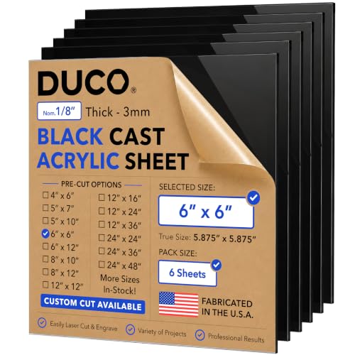 Duco 1/8" Black Cast Acrylic Sheets, 6"x6" Plexiglass Sheets, 6 Pack
