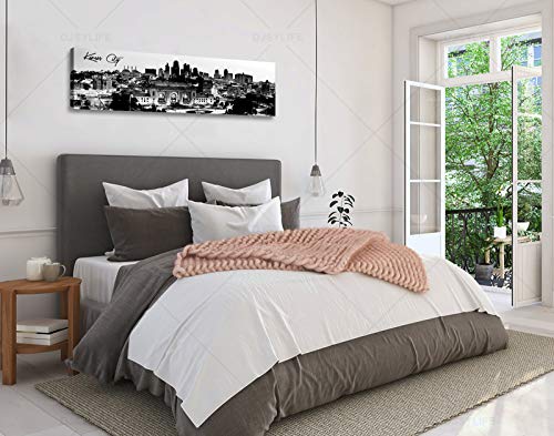 Image of DJSYLIFE Black and White Kansas City Skyline Canvas Wall Art 13.8 inch x 47.3 inch | Fade-Resistant Panoramic Skyline Print, Ready to Hang for Bedroom, Office, Living Room Decoration