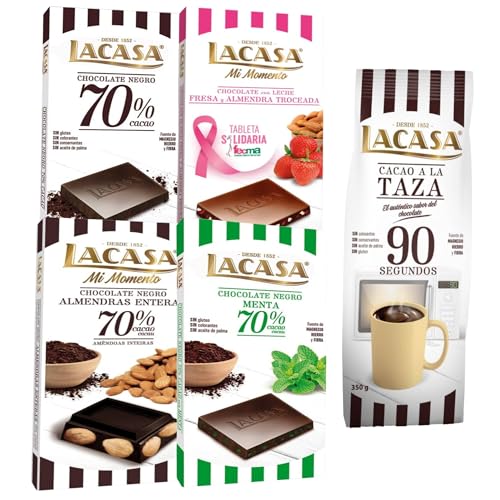 Lacasa pack de 5 tabletas de chocolate de diferentes sabores:taza 350g, leche fresa y almendra,negro, menta, almendra 200g