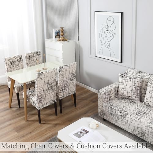 Image of HOKIPO Elastic Stretchable Sofa Cover 4 Seater, Beige Brown Line (NEW-AR-4096-D7)