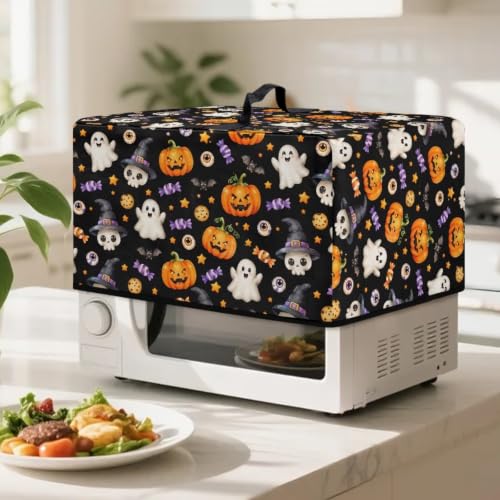 Image of Convection Oven Cover for Halloween Decor Smart Microwave Oven Cover for Countertop, L, 20.9 x 15.7 x 12.4 Inches, Cute Ghost Pumpkin Black