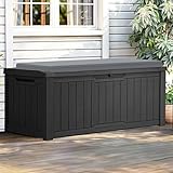 YITAHOME Outdoor Storage Box with Cushion, 120 Gallon Waterproof Deck Box for Garden Tools, Patio Cushions, and Pool Accessories, Lockable, Easy Assembly, Versatile Bench or Table (Black)