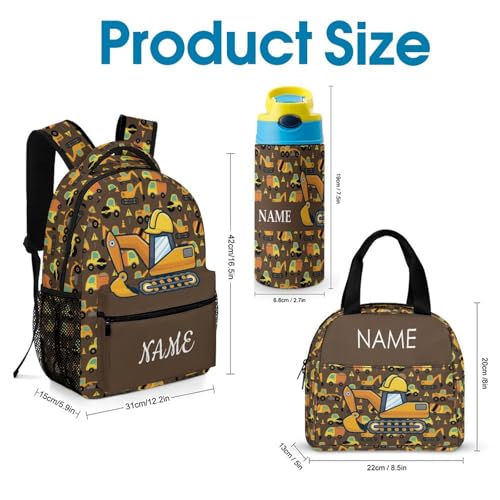 Custom Excavator Car Backpack for Kids Boys Girls Personalized Name School Bag with Lunch Bag Kids Water Bottle Customize 3Pcs Backpack Set2
