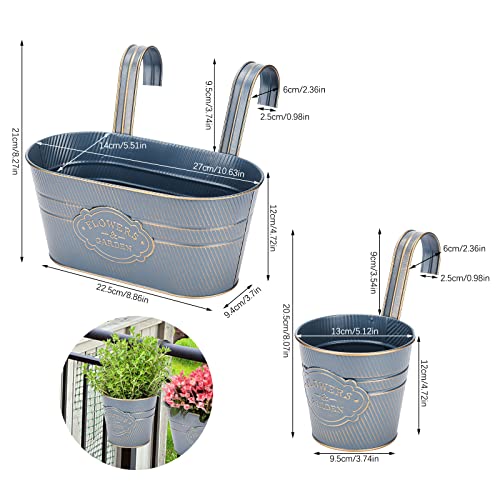 Image of PerGar 3 Pack Metal Railing Planter Box Outdoor, 10.6 inch Hanging Flower Pots with Detachable Hooks & Drainage Holes, Rail Planter Boxes for Balcony Deck Porch Fence Garden Home Decoration, Dark Blue