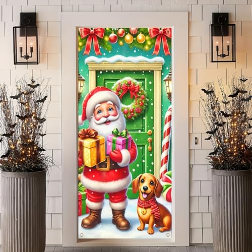 Image of BlissYard Christmas Door Cover Santa Dog 35x71 Inch Polyester