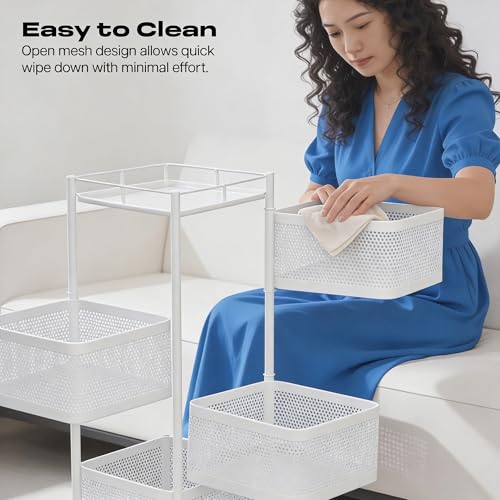 Image of Metal Multi-Purpose Trolley Kitchen Storage Organizer Rack Stand with 360 Wheels | 4 Layer Square Design | Kitchen Accessories Items for Fruit Vegetable Onion Rack for Kitchen (White)