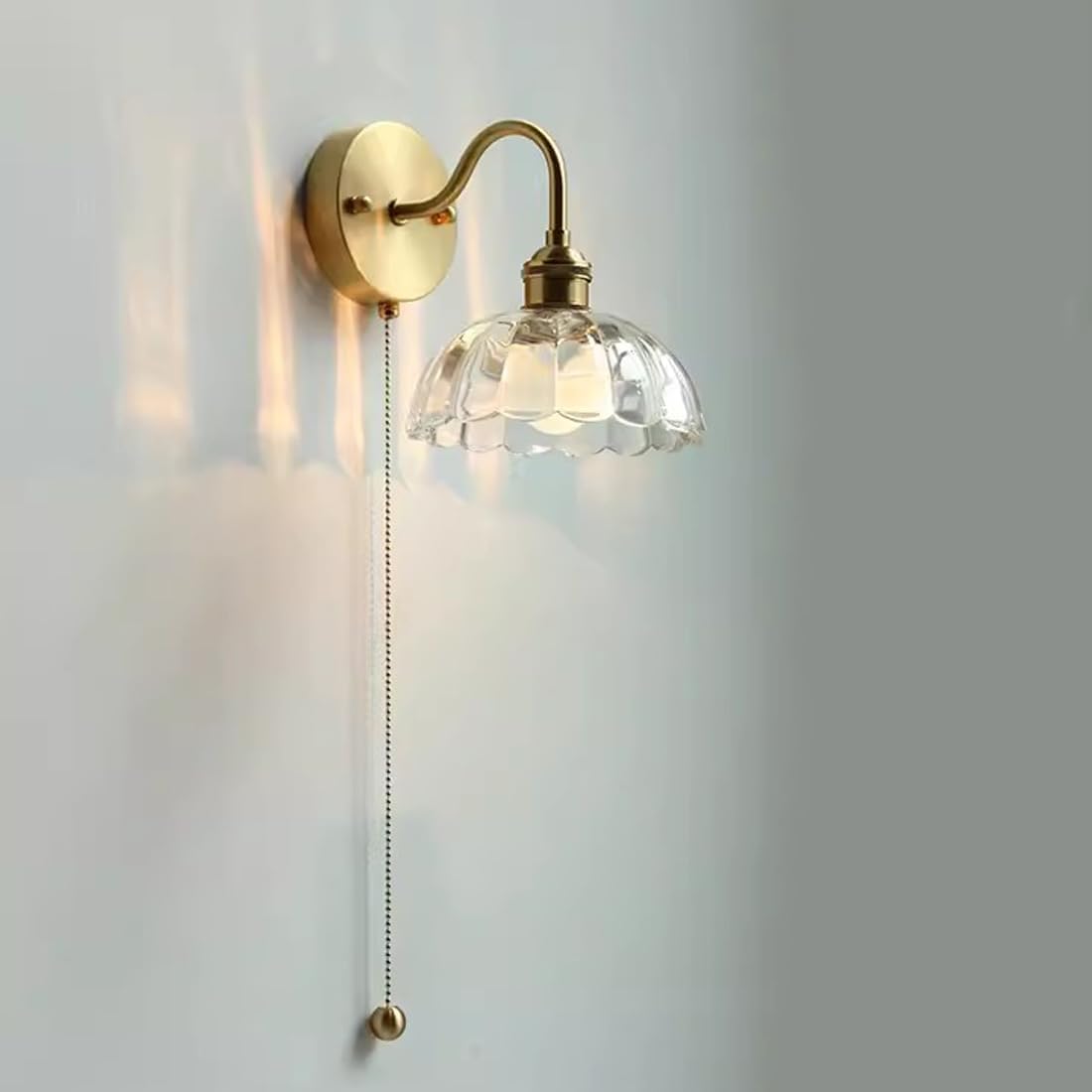 TCHAUSGZUS Vintage Brass Wall Sconce with Glass Flower Shade - Pull Chain Gooseneck Light Fixture for Bedroom, Living Room, and Dining
