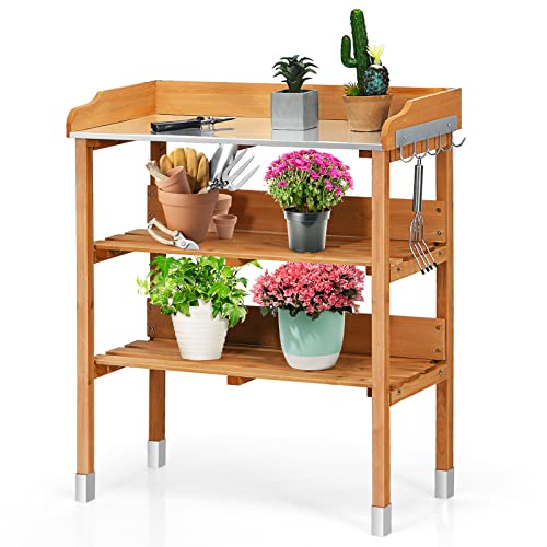 S AFSTAR Potting Bench Work Station with Fir Wood Construction Metal Tabletop Garden Planting Table wOpen Shelves and Hanging Hooks Gardening Table Potting Table for Outside Backyard Balcony