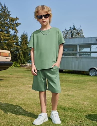 Image of Arshiner Boys Drop Shoulder T-Shirt & Drawstring Waist Shorts Summer Casual Outfits (5-12 Years)