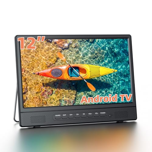 Desobry Televisor Portátil 12 Pulgadas Smart TV con Android, Mini Televisor para Cocina, Caravanas y Autocaravanas, HDMI USB AV Auriculares, Compatible DVB-T2 Freeview, Pie Ajustable 180°