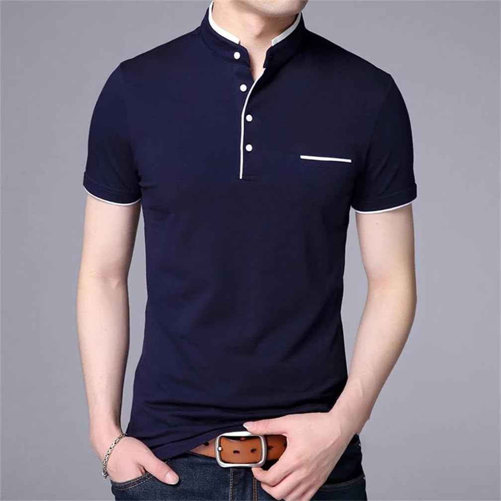 Męska koszulka ze stójką w jednolitym kolorze Slim Fit Button Casual T-Shirt Top
