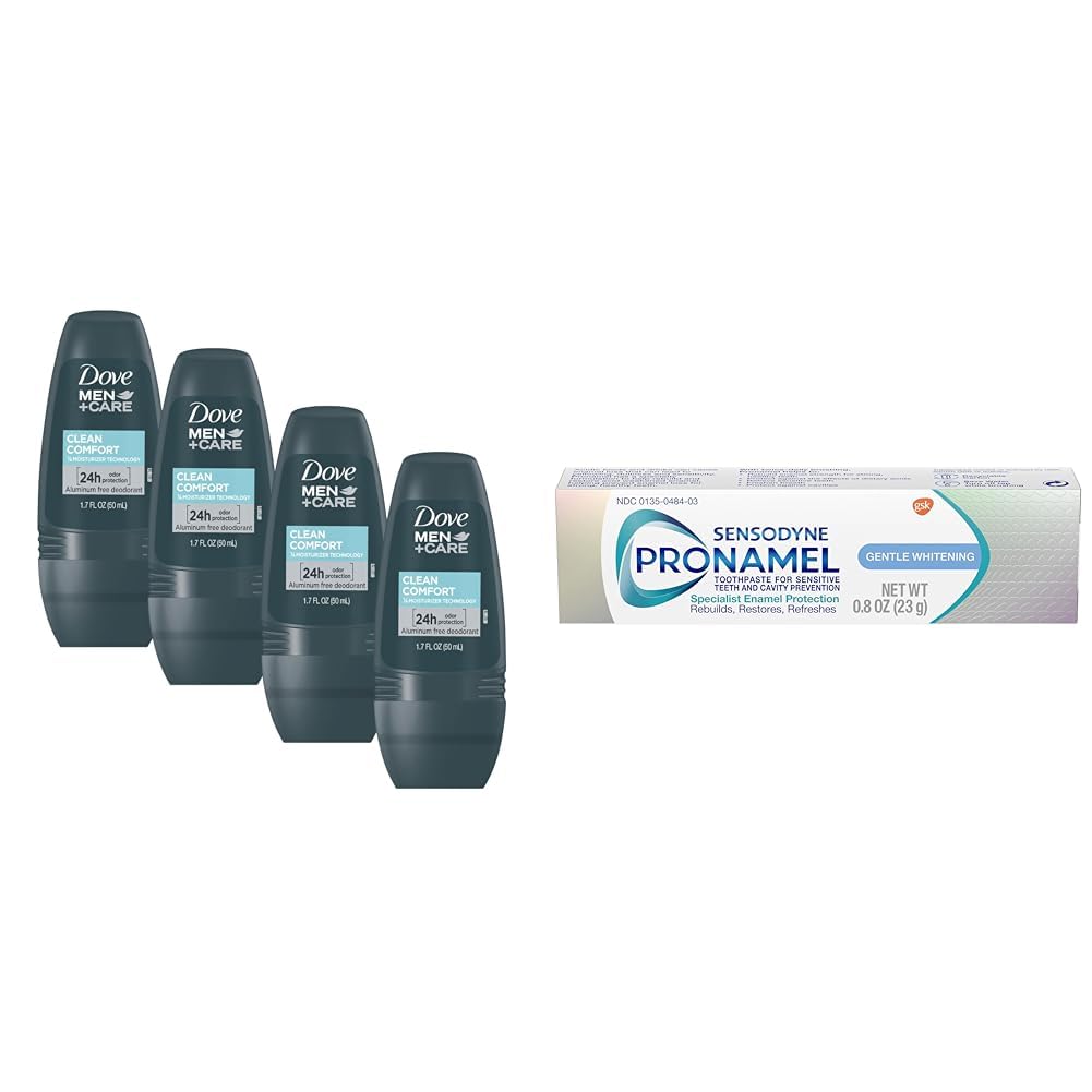 Men+Care Clean Comfort Roll on Deodorant Aluminum Free 4-Pack with Sensodyne Pronamel Gentle Whitening Toothpaste Travel Size 0.8 oz
