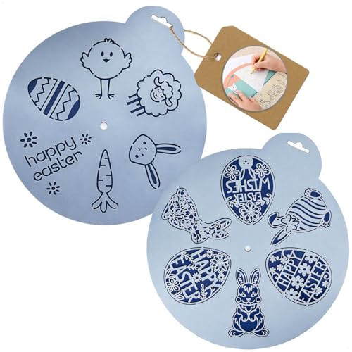 com-four® 2 plantillas de Pascua reutilizables, motivos conejo, huevo y textos, moldes creativos para papel, cristal, madera, decoración DIY [varía] (Transparente - 2 piezas)
