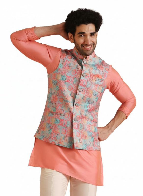 kisah Men's Silk Blend Printed Nehru Jacket | Ethnic Waistcoat Perfect for Festive and Wedding-picture-13